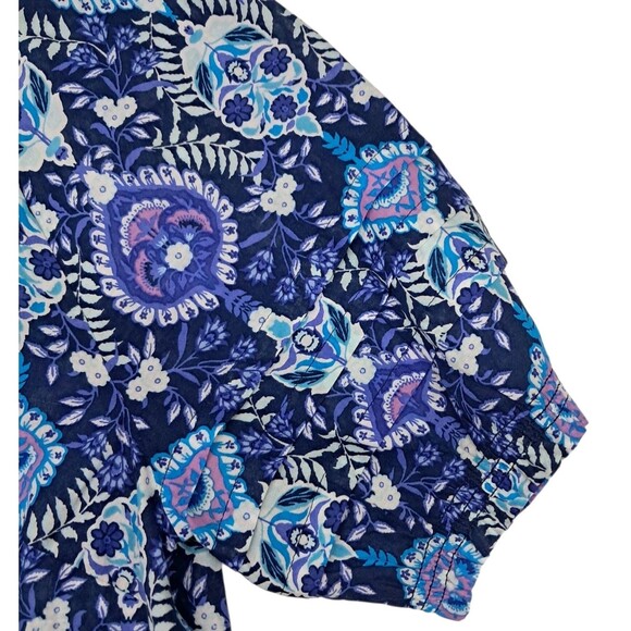 Talbots Top Womens Medium Blue Pleated Short Sleeve Floret Medallion Tassel Boho - Picture 6 of 10